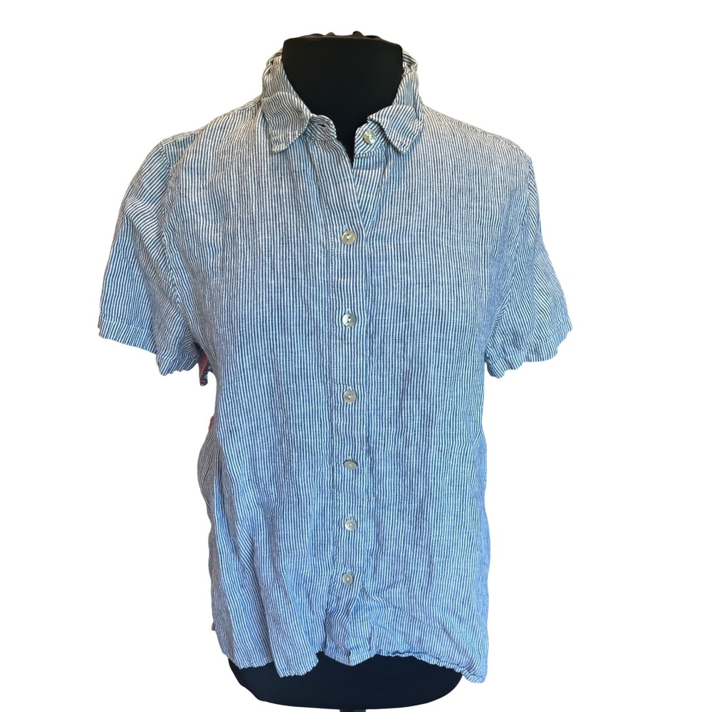 J. Jill Womens Blue White Pinstripe Floral Back Linen Blend Shirt M Petite